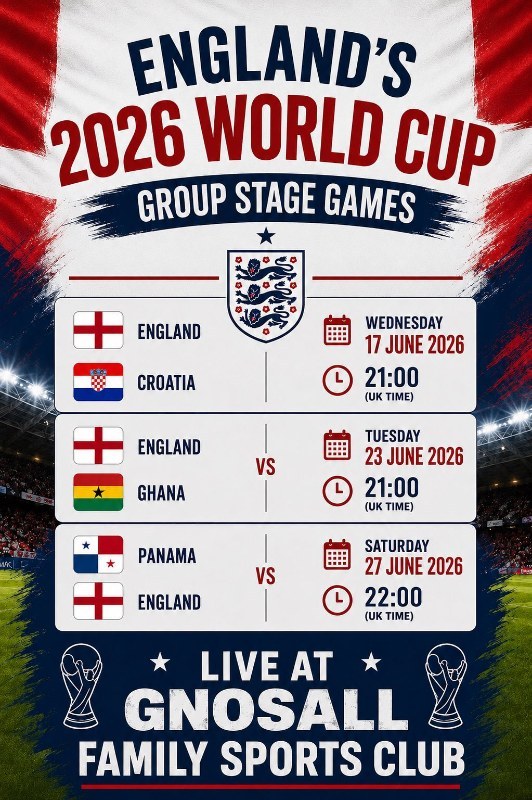Watch England's World Cup campaign at Gnosall Sports Club